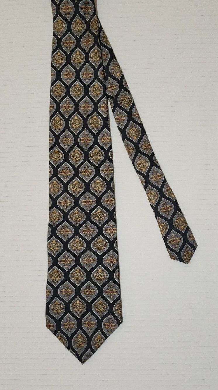 Oscar de la Renta Made in USA Mens Silk Tie 4"x56" Blue Grey Yellow Medallion - Picture 2 of 6